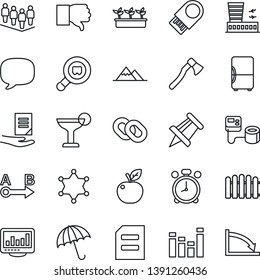 Thin Line Icon Set - umbrella vector, alarm clock, airport building, team, document, drawing pin, fence, seedling, axe, blood pressure, search cargo, route, equalizer, chain, finger down, message
