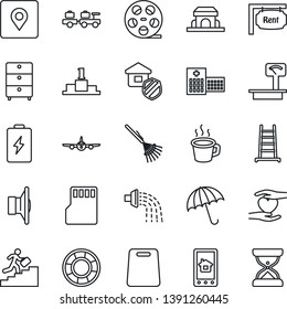 Thin Line Icon Set - umbrella vector, baggage larry, plane, rake, ladder, watering, heart hand, hospital, heavy scales, reel, archive chest, speaker, sd, place tag, coffee, career, rent, battery