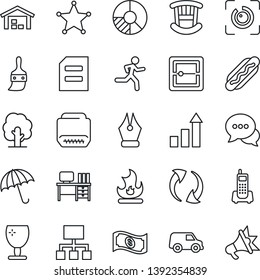 Thin Line Icon Set - umbrella vector, growth statistic, desk, document, circle chart, tree, fire, run, office phone, fragile, dialog, hdmi, update, themes, scanner, eye id, ink pen, warehouse, cash