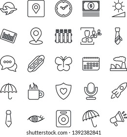 Thin Line Icon Set - Umbrella Vector, Tie, Factory, Butterfly, Heart Shield, Eye, Plane, Term, Barcode, Microphone, Dialog, Speaker, Brightness, Place Tag, Clock, Hr, Coffee, Hot Dog, Radiator, Cash