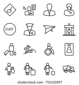 thin line icon set : under construction, architector, client, support manager, customs, security man, deltaplane, detector, passenger, surfer, invalid, identity card, trash, garbage bin