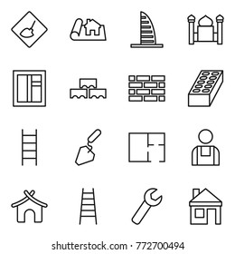Thin line icon set : under construction, project, skyscraper, minaret, window, block wall, brick, stairs, plan, workman, bungalow, wrench, house