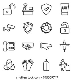 thin line icon set : unlock, customs control, protected, uv cream, surveillance, shield, lifebuoy, unlocked, intercome, camera, cook glove, scarecrow, recycling, gloves, dry wash, garbage bin