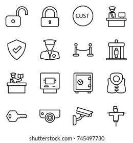 thin line icon set : unlock, lock, customs, control, protected, security man, vip fence, detector, inspector, atm, safe, life vest, key, surveillance camera, scarecrow