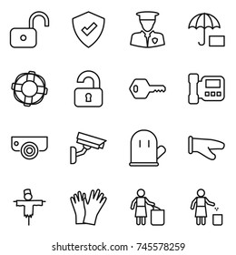 thin line icon set : unlock, protected, security man, lifebuoy, unlocked, key, intercome, surveillance camera, cook glove, scarecrow, gloves, garbage bin
