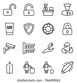 thin line icon set : unlock, customs control, security man, uv cream, shield, lifebuoy, locked, surveillance camera, watering, hand leaf, recycling, dry wash, garbage bin, bug