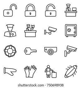 thin line icon set : unlock, lock, customs control, security man, inspector, surveillance, safe, lifebuoy, key, camera, cook glove, gloves, garbage bin, bug