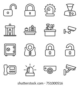 thin line icon set : unlock, lock, alarm, security man, detector, baggage checking, inspector, surveillance, safe, life vest, locked, unlocked, intercome, camera