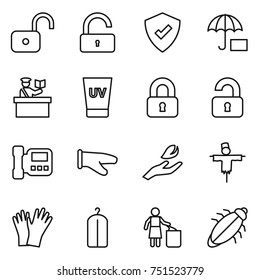 thin line icon set : unlock, protected, insurance, inspector, uv cream, locked, unlocked, intercome, cook glove, hand leaf, scarecrow, gloves, dry wash, garbage bin, bug