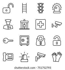 thin line icon set : unlock, stairs, traffic light, alarm, security man, detector, first aid, surveillance, key, safe, life vest, unlocked, intercome, camera, gloves