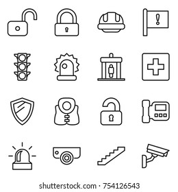 thin line icon set : unlock, lock, building helmet, important flag, traffic light, alarm, detector, first aid, shield, life vest, unlocked, intercome, surveillance camera, stairs