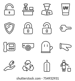 thin line icon set : unlock, customs control, security man, uv cream, shield, locked, unlocked, key, intercome, surveillance camera, cook glove, hand leaf, recycling, dry wash, garbage bin