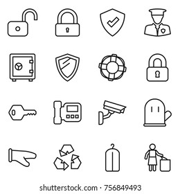Thin line icon set : unlock, lock, protected, security man, safe, shield, lifebuoy, locked, key, intercome, surveillance camera, cook glove, recycling, dry wash, garbage bin