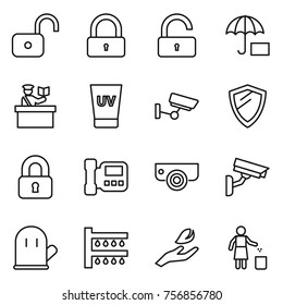 Thin line icon set : unlock, lock, insurance, inspector, uv cream, surveillance, shield, locked, intercome, camera, cook glove, watering, hand leaf, garbage bin