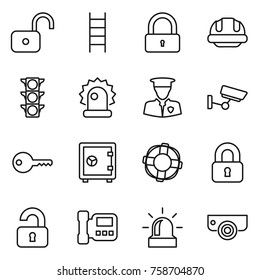 Thin line icon set : unlock, stairs, lock, building helmet, traffic light, alarm, security man, surveillance, key, safe, lifebuoy, locked, unlocked, intercome, camera
