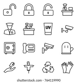 Thin line icon set : unlock, lock, customs control, security man, inspector, uv cream, surveillance, safe, intercome, camera, cook glove, hand leaf, scarecrow, recycling, gloves