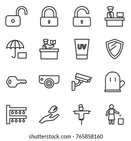 Thin line icon set : unlock, lock, customs control, insurance, inspector, uv cream, shield, key, surveillance camera, cook glove, watering, hand leaf, scarecrow, garbage bin