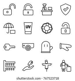 Thin line icon set : unlock, customs control, protected, insurance, uv cream, lifebuoy, unlocked, key, surveillance camera, cook glove, watering, hand leaf, scarecrow, garbage bin