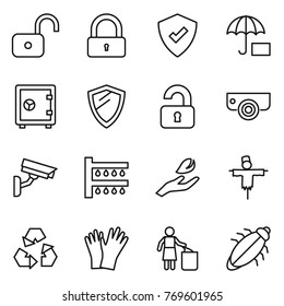 Thin line icon set : unlock, lock, protected, insurance, safe, shield, unlocked, surveillance camera, watering, hand leaf, scarecrow, recycling, gloves, garbage bin, bug
