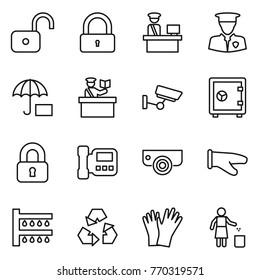 Thin line icon set : unlock, lock, customs control, security man, insurance, inspector, surveillance, safe, locked, intercome, camera, cook glove, watering, recycling, gloves, garbage bin