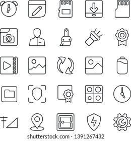 Thin Line Icon Set - update vector, gallery, protect, themes, user, clock, alarm, scanner, sd, folder, notes, download, torch, place tag, face id, video, photo, cellular signal, battery, application