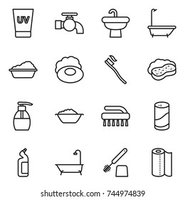 thin line icon set : uv cream, water tap, sink, bath, washing, soap, tooth brush, sponge with foam, liquid, basin, cleanser powder, toilet, paper towel