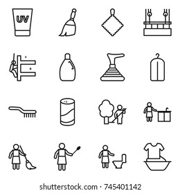 thin line icon set : uv cream, broom, rag, skysrcapers cleaning, skyscrapers, cleanser, plunger, dry wash, brush, powder, garden, kitchen, brooming, woman with duster, toilet, handle washing