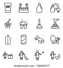 thin line icon set : uv cream, skysrcapers cleaning, cleanser, dish, vacuum cleaner, house, plunger, dry wash, powder, wiping, garden, kitchen, brooming, woman with duster, toilet