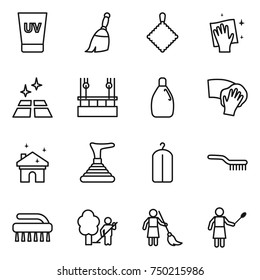 thin line icon set : uv cream, broom, rag, wiping, clean floor, skysrcapers cleaning, cleanser, house, plunger, dry wash, brush, garden, brooming, woman with duster