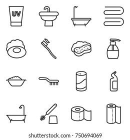 thin line icon set : uv cream, sink, bath, towel, soap, tooth brush, sponge with foam, liquid, basin, cleanser powder, toilet, paper
