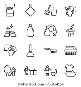thin line icon set : uv cream, rag, bucket and broom, wiping, clean floor, cleanser, dish, vacuum cleaner, plunger, brush, garden cleaning, kitchen, toilet, handle washing