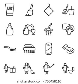 thin line icon set : uv cream, broom, rag, bucket and, cleanser, dish, vacuum cleaner, wiping, brush, powder, kitchen cleaning, brooming, woman with duster, toilet