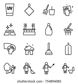 thin line icon set : uv cream, rag, bucket and broom, wiping, clean floor, skysrcapers cleaning, cleanser, vacuum cleaner, house, plunger, dry wash, garden, brooming, woman with duster, toilet