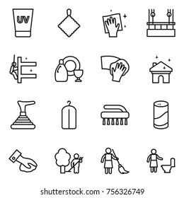 Thin line icon set : uv cream, rag, wiping, skysrcapers cleaning, skyscrapers, dish cleanser, house, plunger, dry wash, brush, powder, garden, brooming, toilet