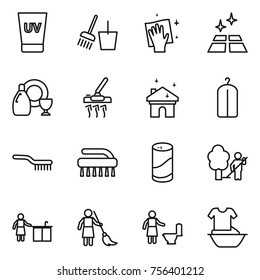 Thin line icon set : uv cream, bucket and broom, wiping, clean floor, dish cleanser, vacuum cleaner, house cleaning, dry wash, brush, powder, garden, kitchen, brooming, toilet, handle washing