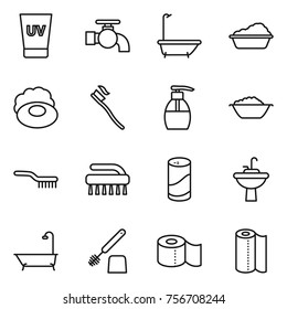 thin line icon set : uv cream, water tap, bath, washing, soap, tooth brush, liquid, foam basin, cleanser powder, sink, toilet, paper, towel
