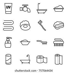 Thin line icon set : uv cream, water tap, bath, washing, towel, soap, tooth brush, sponge with foam, liquid, basin, cleanser powder, toilet paper