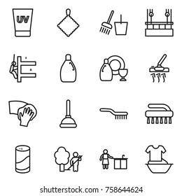 Thin line icon set : uv cream, rag, bucket and broom, skysrcapers cleaning, skyscrapers, cleanser, dish, vacuum cleaner, wiping, plunger, brush, powder, garden, kitchen, handle washing