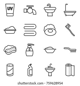 Thin line icon set : uv cream, water tap, sink, bath, washing, towel, soap, tooth brush, sponge with foam, liquid, basin, cleanser powder, toilet, paper
