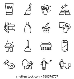 Thin line icon set : uv cream, broom, wiping, clean floor, skyscrapers cleaning, cleanser, vacuum cleaner, house, plunger, brush, powder, garden, woman with duster, toilet
