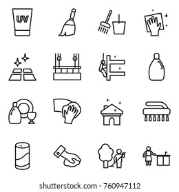 Thin line icon set : uv cream, broom, bucket and, wiping, clean floor, skysrcapers cleaning, skyscrapers, cleanser, dish, house, brush, powder, garden, kitchen