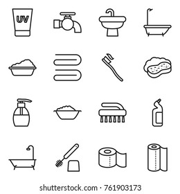 Thin line icon set : uv cream, water tap, sink, bath, washing, towel, tooth brush, sponge with foam, liquid soap, basin, toilet cleanser, paper