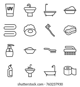 Thin line icon set : uv cream, sink, bath, washing, towel, soap, tooth brush, sponge with foam, liquid, basin, toilet cleanser, water tap, paper