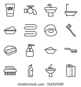 Thin line icon set : uv cream, water tap, sink, bath, washing, towel, soap, tooth brush, sponge with foam, liquid, basin, toilet cleanser, paper