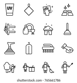 Thin line icon set : uv cream, rag, wiping, clean floor, skyscrapers cleaning, dish cleanser, house, plunger, dry wash, brush, garden, kitchen, brooming, woman with duster
