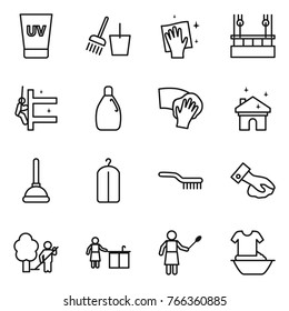 Thin line icon set : uv cream, bucket and broom, wiping, skysrcapers cleaning, skyscrapers, cleanser, house, plunger, dry wash, brush, garden, kitchen, woman with duster, handle washing