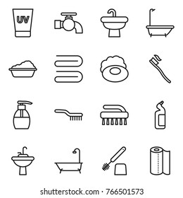 Thin line icon set : uv cream, water tap, sink, bath, washing, towel, soap, tooth brush, liquid, toilet cleanser, paper
