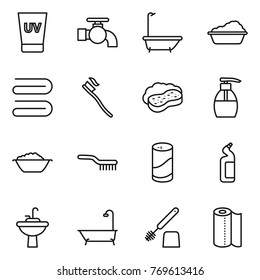Thin line icon set : uv cream, water tap, bath, washing, towel, tooth brush, sponge with foam, liquid soap, basin, cleanser powder, toilet, sink, paper
