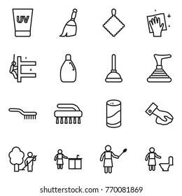 Thin line icon set : uv cream, broom, rag, wiping, skyscrapers cleaning, cleanser, plunger, brush, powder, garden, kitchen, woman with duster, toilet