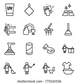 Thin line icon set : uv cream, rag, wiping, clean floor, skyscrapers cleaning, dish cleanser, vacuum cleaner, plunger, powder, kitchen, brooming, woman with duster, toilet, handle washing